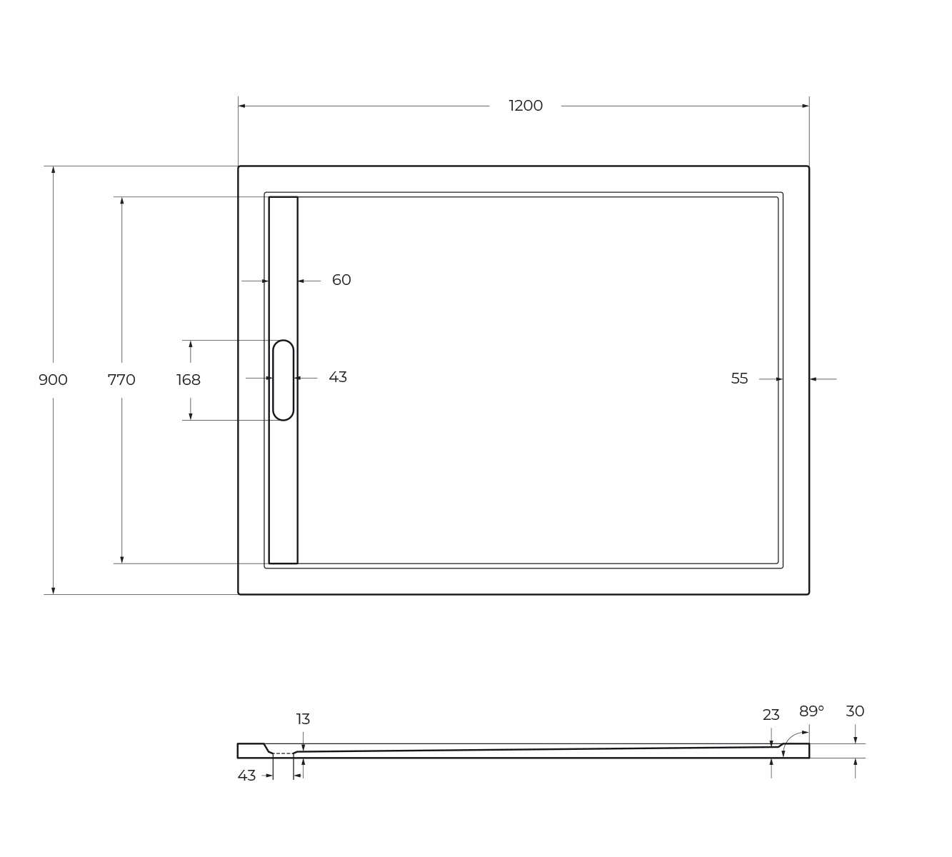 Поддон литой из искусственного мрамора, прямоугольный TRAY-AS-AH-120/90-30-W 1200x900x30 Cezares